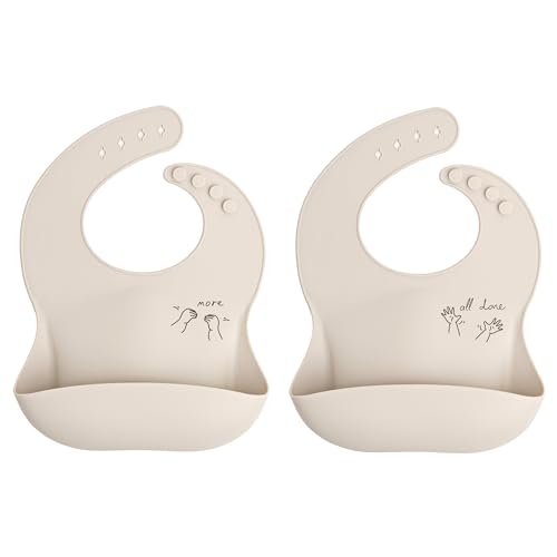Image of APLAINR Baby Sign Language Silicone Bib Bundle, More & All Done, Oat Cream