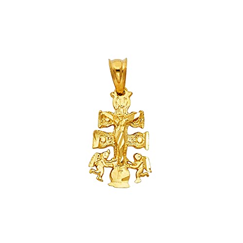 TGDJ 14K Yellow Gold Religious Cross of Caravaca Pendant - Crucifix Charm Polish Finish - Handmade Spiritual Symbol - Solid Gold, 16 x 10 mm, 0.9 gms