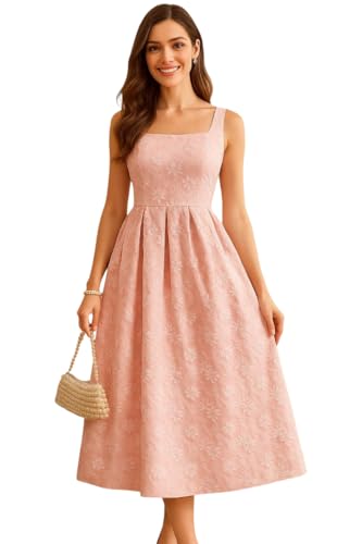 Image of Women's Floral Jacquard Midi Dress, Blush Pink, Square Neck, Pleated A-Line, Sleeveless Formal Party Dress