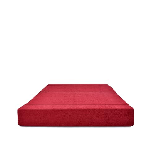 Image of Foldable Two Seater Sofa Bed 4X6 Ft Jute Fabric Washable Cover Convertible Sofa Bed for Home & Office, Guest Room (Finish Color Red - Pre-Assembled)