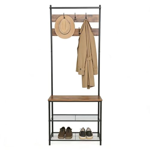 Efforias Hallway Coat Rack with Bench Shoe Shelves and Hooks Metal Frame Rustic Brown and Black 180 cm