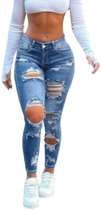 Women's High-Waisted Skinny Distressed Jeans - Slimming and Lifting Fit with Stretch Denim