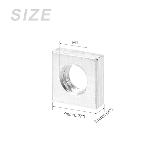 METALLIXITY Vierkantmuttern (M4x7x2mm) 200 Stück, Muttern aus Kohlenstoffstahl - für Möbelbau, mechanische Ausrüstung, Befestigungselemente, Silberfarben