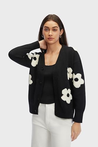 V Neck Cardigans for Women Trendy Button Down Knitted Floral Womens Cardigan Sweaters Loose Fall Winter Outfit Black2