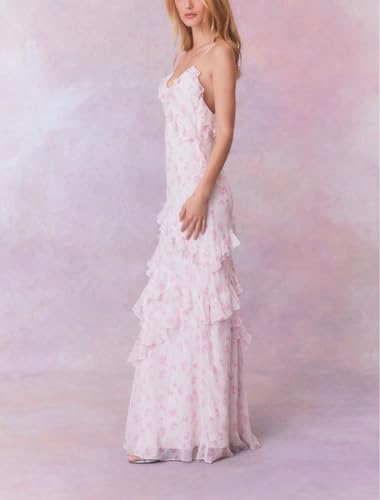 Image of SOOKABEILA Women Y2k Boho Maxi Dress Floral Lace Sheer Tiered Flowy Cami Long Dress 2025 Summer Smocked Beach Sundress