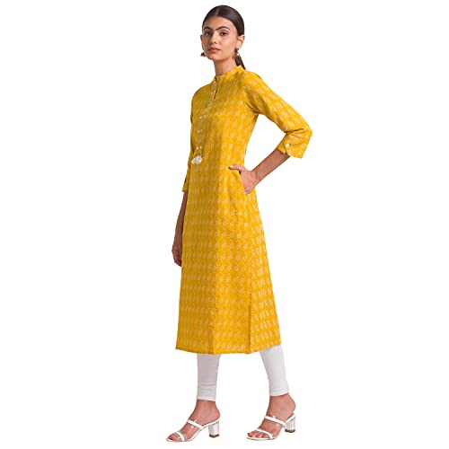 Image of Globus Women Green Woven Design Mandarin Collar Straight Kurta-3638025001