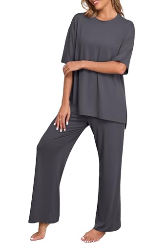Image of PrinStory Womens Pajamas Sets 2 Piece Lounge Set Short Sleeve Tops and Long Pants Soft Pjs Loungewear with Pockets