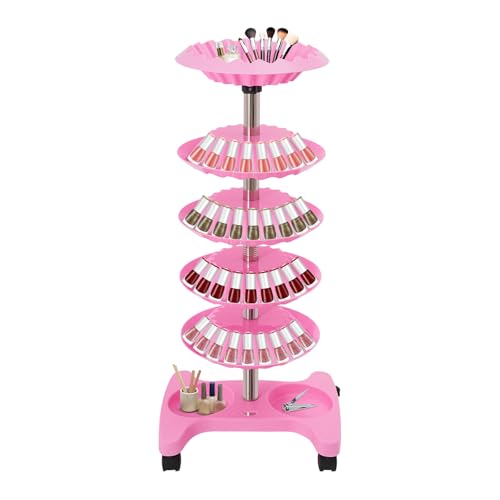 Nail Polish Trolley Organizer, Nail Polish Spinning Rack Display Stand with Wheels, 5 Tiers Display Rolling Cart for Nail Salon Pedicure Spa Business Home Use (Pink)