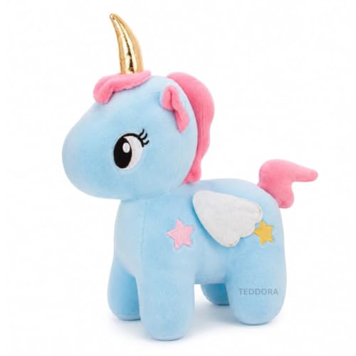 Image of Unicorn with Wings Soft Toy for Girls Boys Kids, Sky Blue, Animal Plush Stuffed Baby Teddy Gift Birthday, 30 cm