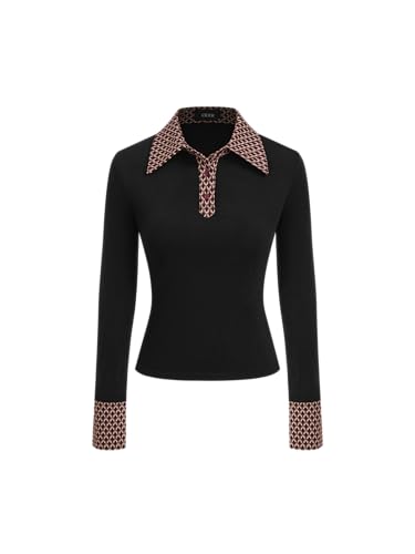 CIDER Long Sleeve Tops Geometric Contrasting Business Casual Top Button Collar Fitted Knit Blouse Shirt