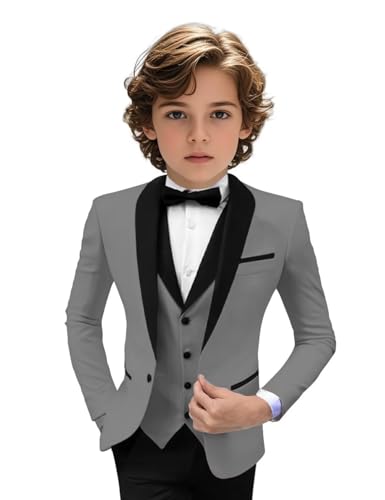 Image of Tuxedo Suits for Boys 3 Pieces Slim Fit Boys Formal Suit Dresswear Ring Bearer Outfit Blazer Vest Pants for Wedding Grooms