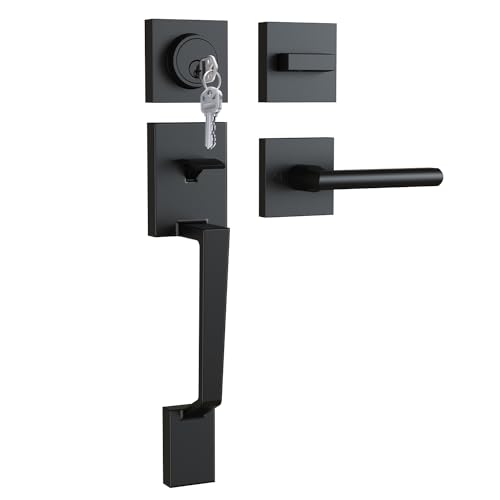 Ohuhu Front Door Lock Set, Heavy Duty Upgraded Front Door Handle Black Locksets with Deadbolt - Entry Exterior Door Handle Sets Single Cylinder Reversible Lever Matte Finish Zinc Alloy Moder