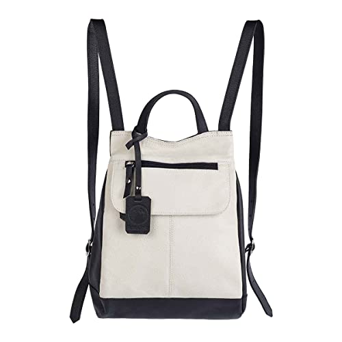 Mochila em Couro Genuíno para Estilo e Durabilidade Ideal para Trabalho,Viagens e Passeios (Off White com Preto)