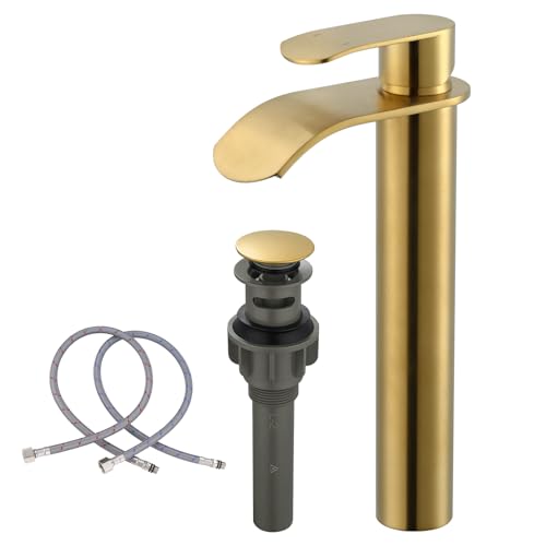 Vessel Sink Faucet Gold for Bathroom：WOWOW Single Handle Tall Bathroom Faucet - Waterfall Single Hole Mixer Bar Tap with Large Rectangular Spout, Deck Mount Lavatory Vanity with Pop Up Drain