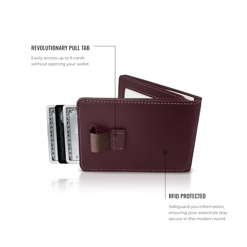 Image of Kings Loot Wallet for Men | Minimalist Slim RFID Blocking Leather Design with Cash Pocket & Card Pull Strap | Holds 1-12 Cards | Stylish & Durable Wallets (Berrywood)
