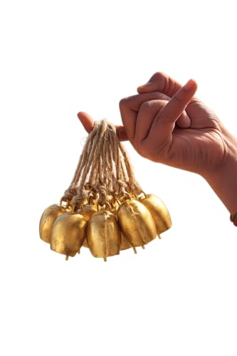 Image of Rustic Brass Hanging Bells Pack of 10 | Vintage Mini Bells with Rope for Home Decor, Diwali Pooja, Wall Art, Christmas & Craft Use