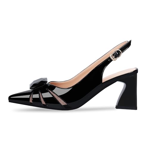 Women's Chunky Heel Slingback Pumps Patent Leather Pointed Toe Dress Shoes2