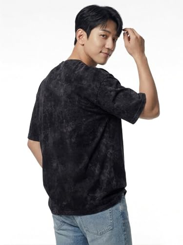 Image of LEOTUDE Acid wash Oversized Tshirt Men Drop Shoulder Half Sleeves Round Neck Solid Pure 100% Cotton T-Shirts for Men (Color:Black)