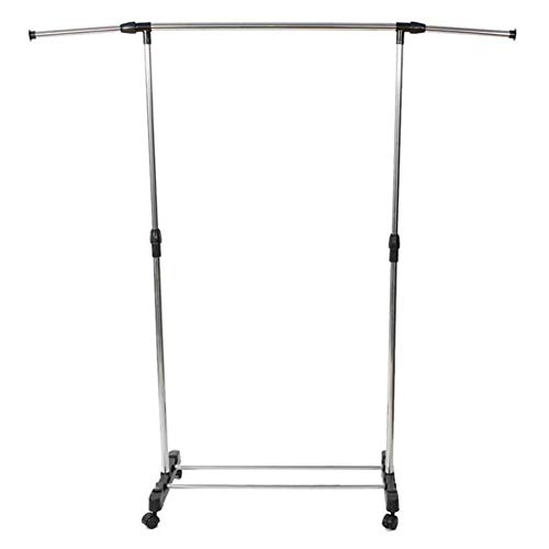 Steel Garment Rack with Wheels Single Bar Vertical Horizontal Stretching Clothes Rack with Shoe Rack Black Sliver
