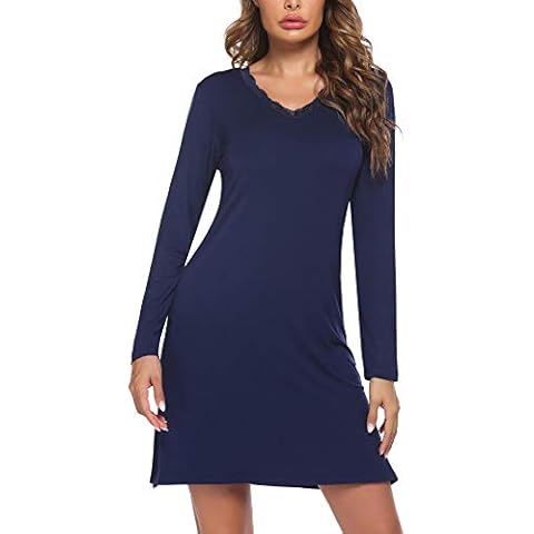 ADOME Damen Nachthemd Lang Baumwolle Nachtwäsche V-Ausschnitt Cover
