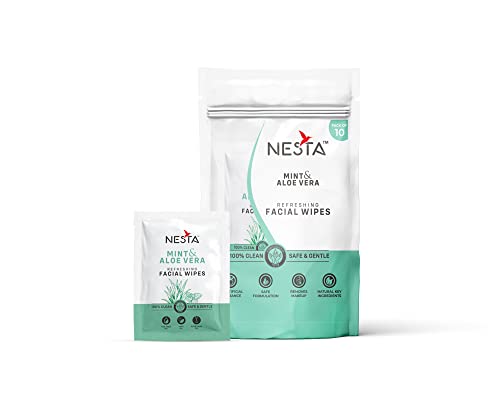 Image of Nesta Individually Packed Facial Wet Wipes for Women & Men; Mint & Aloe-Vera; Clears Dirt, Gives Fresh & Glowing Skin with Moisture; Alcohol Free, Eco Friendly(10 Packets x 10 Wipes = 100 Wipes)