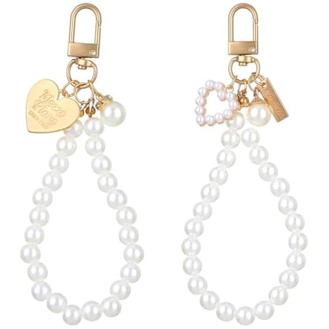 Andibro 2Pcs Pearl Keychain Wristlet for Women, Imitation Pearl Chain Key Ring Charm Love Heart Car Keychain Golden Key Chain Backpack Key Pendant Accessories for Car Keys Cover