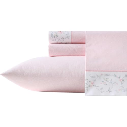 Image of Laura Ashley - Twin Size Sheet Set, Crisp & Lightweight Cotton Percale Bedding with Fitted Sheet and Pillowcase, Floral Room Decor, Deep Pocket, College Dorm Room Essentials (Victorian Scroll Pink)