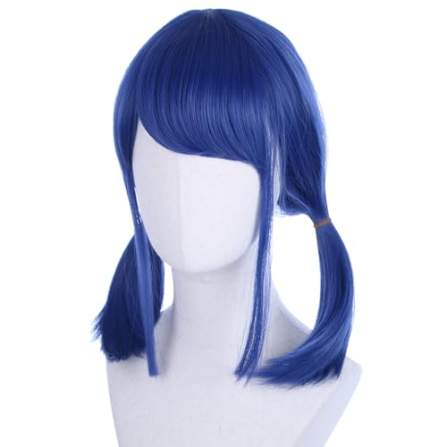 Image of Kids Dark Blue Wig with Bangs Navy Blue Short Girls Wig with Two Braid Straight Wigs for Children Daily Halloween Party Cosplay Wigs