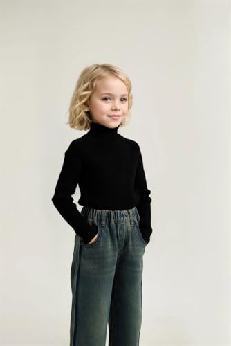 Girl's Turtleneck Sweaters Kids Long Sleeve Drop Shoulder Pullover Cable Knit Chunky Contrast Sweater Tops,Black3
