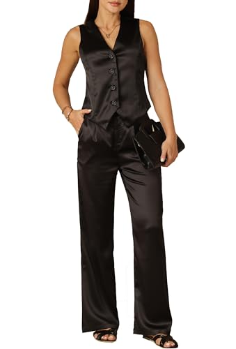 Women's 2 Piece Outfits Satin Suit Vest Waistcoat Dressy Casual Sets Wide Leg Pants Suits