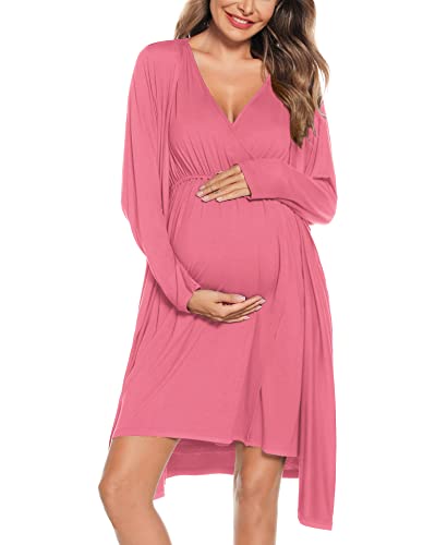 Image of SWOMOG Womens Maternity Nursing Gown and Robe Set 3 in 1 Labor Delivery Nuring Nightgowns for Hospital Breastfeeding Robes
