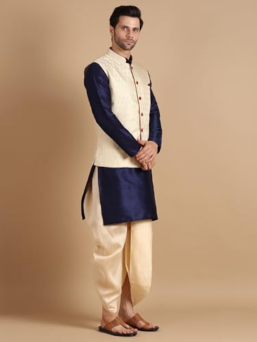 Image of Men's Silk Blend Solid Kurta Dhoti Set with Designer Ethnic Nehru Jacket