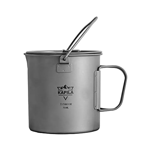 KAPILA 750ml Titanium Cup/Pot Lightweight Backpacking Camping Mug Foldable Handle Titanium Pot with Lid Camping Hiking Picnic Open Fire Cooking (750ML) Cover