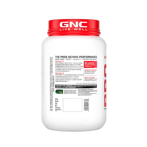 Image of GNC Pro Performance 100% Whey Protein | New Formulation | 24g Protein, 5.7g BCAAs, 12.3g EAAs | Added DigeZyme | Whey Isolate & Concentrate Blend, Low Carb (4.51g), No Added Sugar | Vanilla Cream, 907g