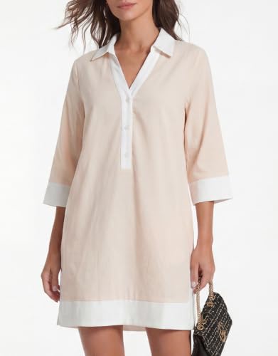 Image of Kedera Women Button Shirt Dress V Neck Short Sleeves Summer Casual Work Shift Tunic Dress with Pockets