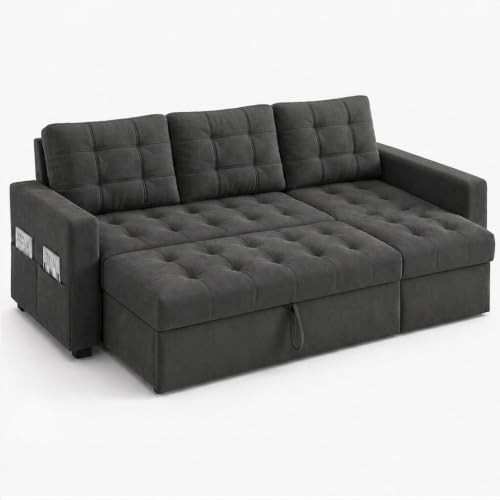 Image of CASASTYLE Sumur 5 Seater RHS L Shape Sofa with Pull Out Bed, Storage Lounger & Suri Pouf Ottoman | Soft Velvet Suede Fabric | Comfort Cushions | Ideal for Living Room, Hotel & Office (Dark Grey)