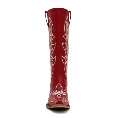 Image of Uillnoodu Women's Turquoise Cowgirl Boots - Wide Calf Mid Calf Western Boots Plus Size Embroidered Cowboy Style with Block Heel