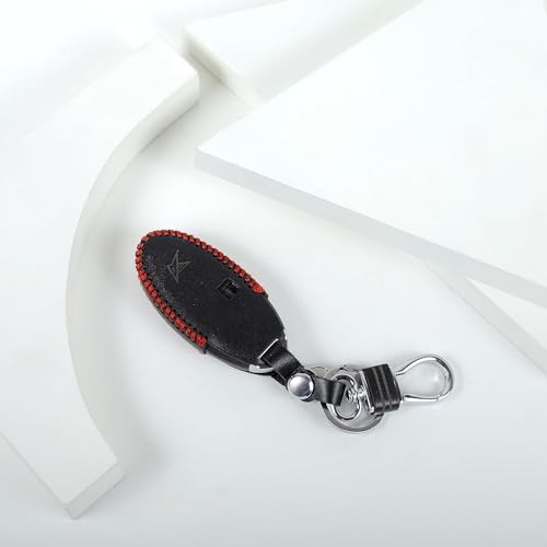 Image of Leather Smart Car Key Cover Case with Metal Hook Keychain for Nissan Micra, Sunny(Black)