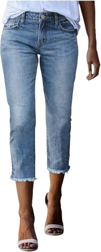 KJameas Capri Jeans Damen Sommer Stretch Damenjeans 3/4 Länge High Waist Skinny Jeanshose Dreiviertel Stretchjeans Schmal Geschnittene Denim Hose Sommerjeans Mit Taschen Frayed Raw Hem Denimhose