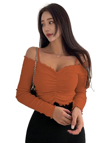 Image of Sugathari Women's Purple Solid Colour Open Cold Off Shoulder Long Sleeve Lettuce Hem Casual Autumn Trim Tight- Slim Fitting Ruched Front Ladies' Camisole Top, Tee, T-Shirt (T-Shirt 184)