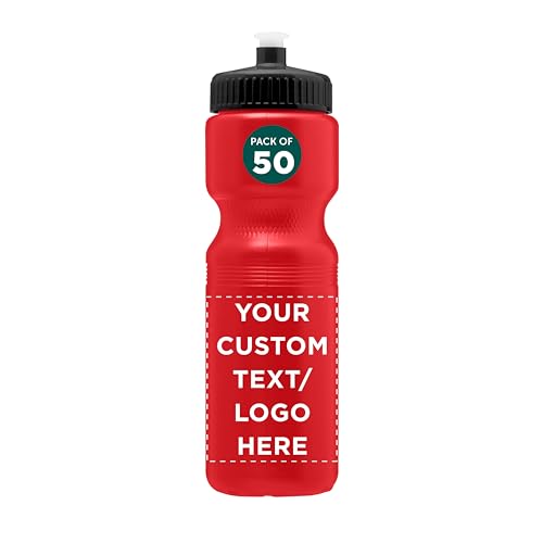 Water Bottles with Push Cap - 50 pack - Customizable Text, Logo - 28 oz - Classic Squeeze Mountain Road Bike Bicycle Holder Cycling Water Bottle - Great for Sports - Red