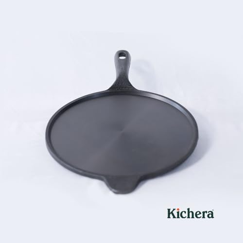 Image of Kichera 10Inch Pre Seasoned Cast Iron Dosa Tawa /Pan with a Long Handle - 1.8kg Weight, Natural Non-Stick Surface | Induction Friendly | Ideal for Dosa, Roti, Chapathi and More