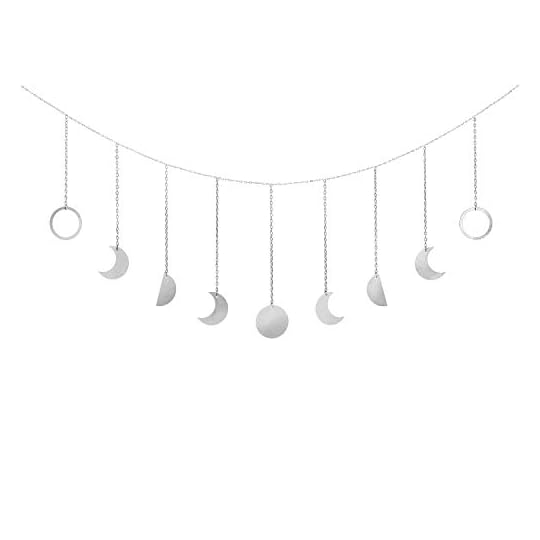 Mkono Moon Phase Wall Hanging Moon Garland Decor Boho Home Decoration Moon Hang Art Ornaments for Bedroom Headboard Living Room Dorm Nursery Apartment Office Mothers Day Gift, Silver, 50"