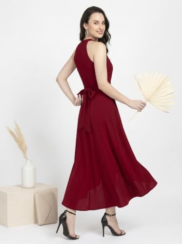 Image of Women Fit & Flare High Low Midi Dress | Sleeveless Round Neck One Piece Dress with Waist Tie Detail | Flowy Western Dress for Party and Casual Styling