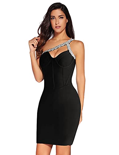 Womens One Shoulder Beaded Bodycon Bandage Dresses Mini Celebrity Party Night Club Dress(Black,XS)