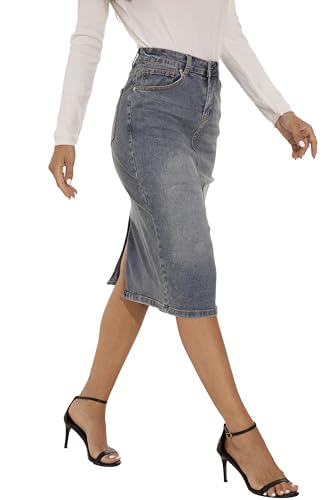 GUANYY Womens Denim Skirt-High Waisted Knee Length Slim Fit Pencil Stretch Jean Skirt3