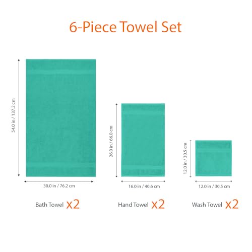 Amazon Basics 6 Piece Oversized Fade resistant Towel set, 100% Cotton towels for bathroom, soft and absorbent, 2 Bath Towels, 2 Hand Towels and 2 Washcloths bathroom towel set, Teal