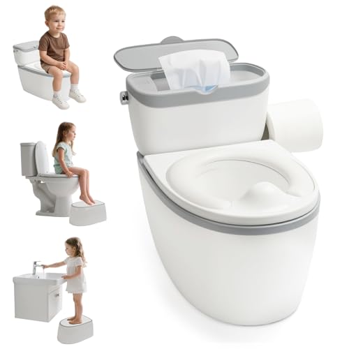 3-in-1 Toddler Potty Training Toilet, for Ages 6 Months+, Realistic Potty Training Seat with Flushing Sound, Wipes Storage, Toilet Paper Holder