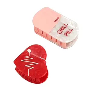 Chill Pill Red Heart Acetate Hair Claw Personal Acetate Hair Claw for Women Set of 2, Red and Pink