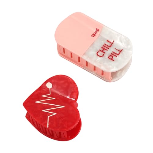 Chill Pill Red Heart Acetate Hair Claw Personal Acetate Hair Claw for Women Set of 2, Red and Pink